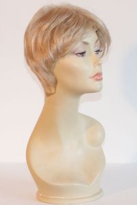 available for rent: Very short light ash blonde wig, front with bangs, in kanekalon. Easy cut and modern look.